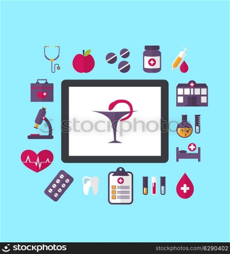 Illustration set flat icons of objects medicine and chemical laboratory, concept of healthcare system - vector