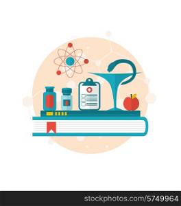 Illustration set flat icons of objects medicine laboratory, concept of healthcare system - vector