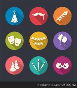 Illustration set flat icons of party objects with long shadows - vector