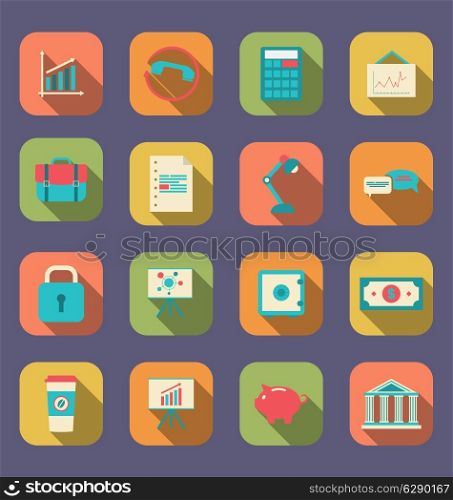 Illustration set flat icons of web design objects, business, office and marketing items, long shadow style - vector