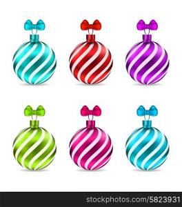 Illustration Set Glassy Colorful Stripped Balls for Merry Christmas, Isolated on White Background - Vector