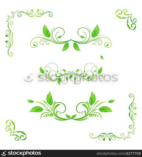 Illustration set green floral elements with eco leaves isolated (2) - vector