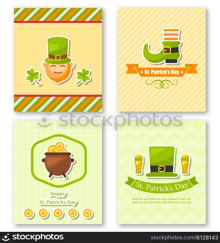 Illustration Set Greeting Posters with Traditional Symbols for St. Patricks Day, Colorful Icons in Flat Style - Vector