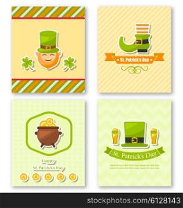 Illustration Set Greeting Posters with Traditional Symbols for St. Patricks Day, Colorful Icons in Flat Style - Vector