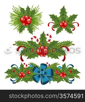 Illustration set holly berry sprigs for christmas decorations - vector