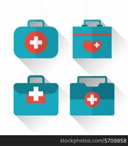 Illustration set icons of medicine chest with long shadow in flat style - vector