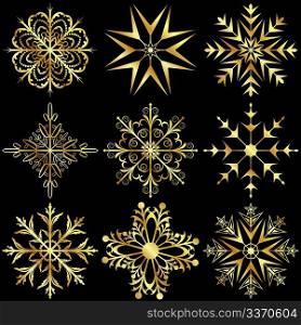 Illustration set large gold snowflakes isolated on black background - vector