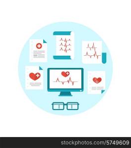 Illustration set modern flat medical icons with paper documents with electrocardiograms - vector