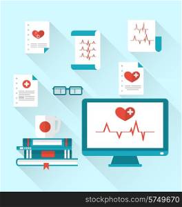 Illustration set modern flat medical icons with paper documents with electrocardiograms - vector