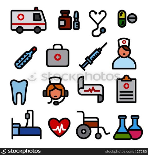 illustration set of black outlines filled color medicine icons. medicine icons set