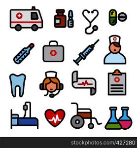 illustration set of black outlines filled color medicine icons. medicine icons set