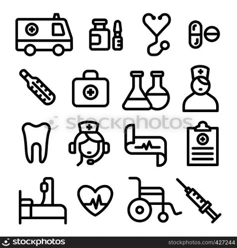 illustration set of black outlines medicine icons. medicine icons set