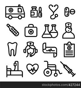 illustration set of black outlines medicine icons. medicine icons set