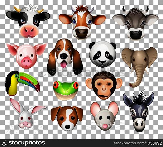 Illustration set of cartoon animals with cow, pig, basset dog, panda, elephant, toucan, frog, donkey, rabbit, mouse and donkey