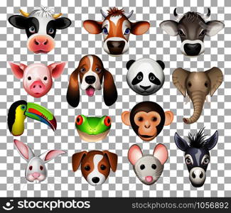 Illustration set of cartoon animals with cow, pig, basset dog, panda, elephant, toucan, frog, donkey, rabbit, mouse and donkey