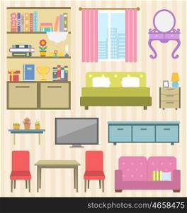 Illustration Set of Colorful Furniture of Room for Your Interior of Apartment. Flat Icons and Objects: Sofa, Bed, Lamps, Bedside Tables, Bookcase and Books, Boudoir, Table, Chairs, Window - Vector