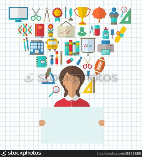 Illustration Set of Education Flat Colorful Icons with Schoolgirl holds Paper Banner- Vector