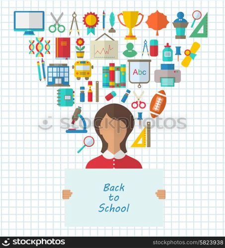 Illustration Set of Education Flat Colorful Icons with Schoolgirl holds Paper Banner- Vector