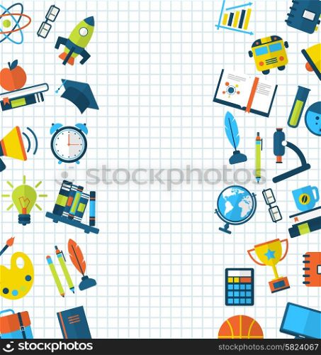 Illustration Set of Education Flat Colorful Simple Icons on School Grid Paper Sheet - Vector