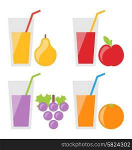 Illustration Set of Fresh Fruit Juices: Pear Juice, Juice Apple, Juice Grapes, Orange Juice. Isolated on White Background - Vector