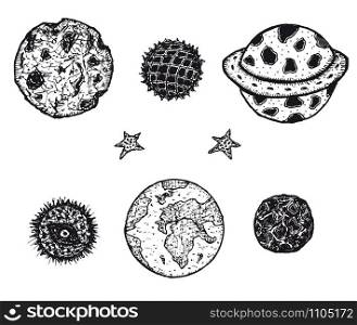 Illustration set of hand drawn planets and space asteroids. Hand drawn planets and space asteroids set