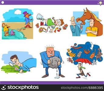 Illustration Set of Humorous Cartoon Concepts or Ideas and Metaphors with Comic Characters