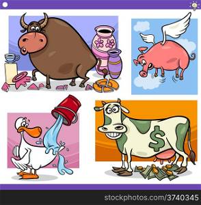 Illustration Set of Humorous Cartoon Sayings or Proverbs Concepts and Metaphors with Funny Animal Characters