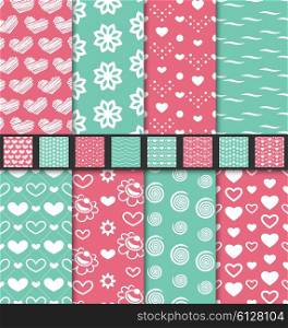 Illustration Set of love and romantic seamless backgrounds. Valentine Day patterns with pink, green and white colors - vector