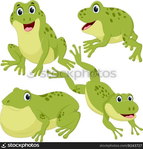 illustration Set of six cute little frogs in cartoon style sitting and jumping on white background.	