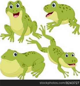 illustration Set of six cute little frogs in cartoon style sitting and jumping on white background.	