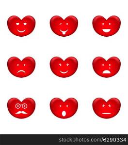 Illustration set of smiles of heart shape with many emotions, isolated on white background - vector
