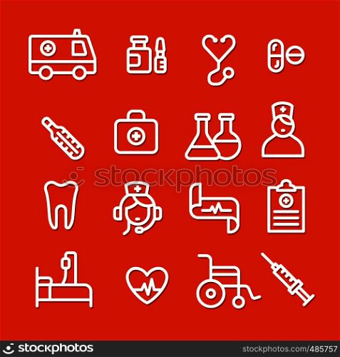 illustration set of white outlines medicine icons on the red background. medical icons set