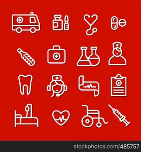 illustration set of white outlines medicine icons on the red background. medical icons set