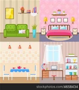 Illustration Set Room Interiors with Furniture Flat Icons: Living Rooms with Sofa, Bedroom with Bed, Lamps and Bedside Tables, Dining Room, Home Office with Desk, Bookcase. Minimalism Style - Vector