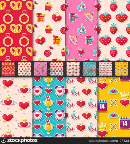 Illustration Set Seamless Patterns with Colorful Traditional Objects and Elements for Valentines Day. Collection Holiday Bright Backgrounds - Vector