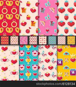 Illustration Set Seamless Patterns with Colorful Traditional Objects and Elements for Valentines Day. Collection Holiday Bright Backgrounds - Vector