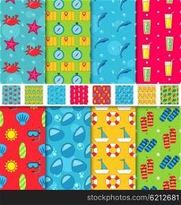 Illustration Set Seamless Patterns with Tourism Objects and Equipments. Can Be Used for Wallpapers, Web Page Backgrounds - Vector