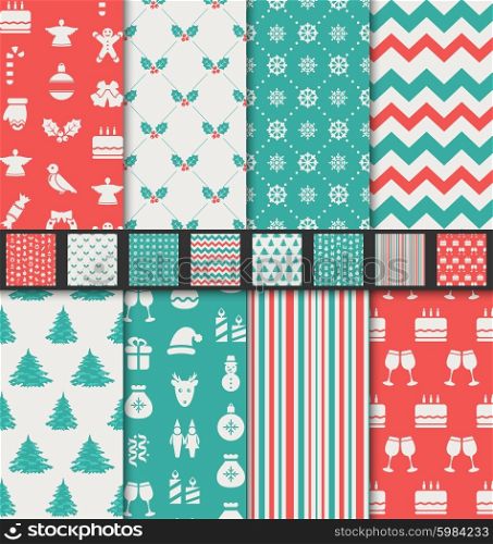 Illustration Set Seamless Textures for Winter Holidays, Vintage Wallpapers - Vector