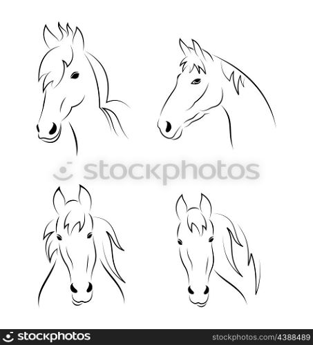 Illustration set symbols outline head horse isolated on white background - vector