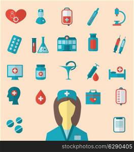 Illustration set trendy flat icons of medical elements and nurse - vector