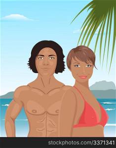 Illustration sexy girl and man on beach - vector