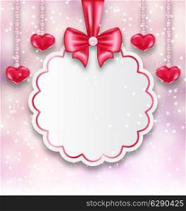Illustration shimmering background with celebration paper card and hanging hearts for Valentine Day - vector