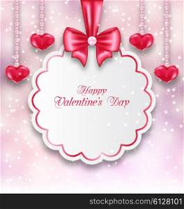 Illustration Shimmering Background with Celebration Paper Card and Hanging Hearts for Valentines Day - Vector