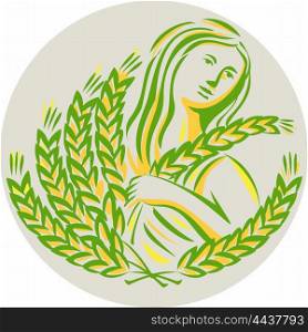 Illustration showing Demeter, Greek goddess of the harvest and agriculture, who presided over grains and fertility holding wheat grain looking to the side viewed from front set inside circle done in retro style.