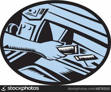 Illustration showing hand reaching in the glove box for an energy bar set inside oval shape done in retro woodcut style. . Hand Reaching in Glove Box for Energy Bar Oval Woodcut