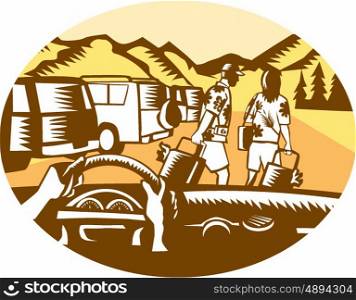 Illustration showing hands on steering wheel looking out of car windshield, with man and woman, wearing Hawaiian shirts, pulling suitcases at a parking lot full of cars at the base a mountain set inside oval shape done in retro woodcut style.