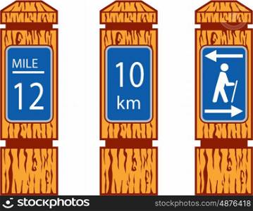 Illustration showing wooden mile marker signs like wood signs one would see along a hiking tramping trail set on isolated white background done in retro style. . Wooden Mile Marker Signs Retro