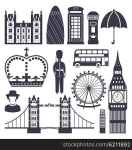 Illustration Silhouette Symbols of Great Britain Kingdom, Big Ben, Tower Bridge, Queen, Queen&amp;#39;s Guard, Crown, Wheel, Bus, Telephone Box, Post Box, Umbrella, Isolated on White Background - Vector