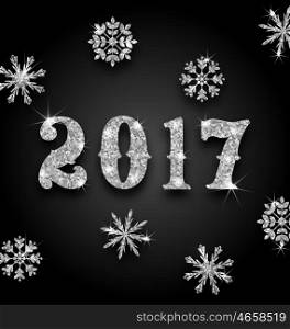 Illustration Silver Magic Background for Happy New Year 2017 with Snowflakes, Glittering Luxury Wallpaper - Vector