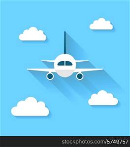 Illustration simple icons of plane and clouds with long shadows, modern flat style - vector